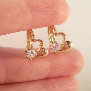 18K Yellow Gold Filled Diamond Zircon Layered Heart Hoop Earrings .50ctw ea Gift